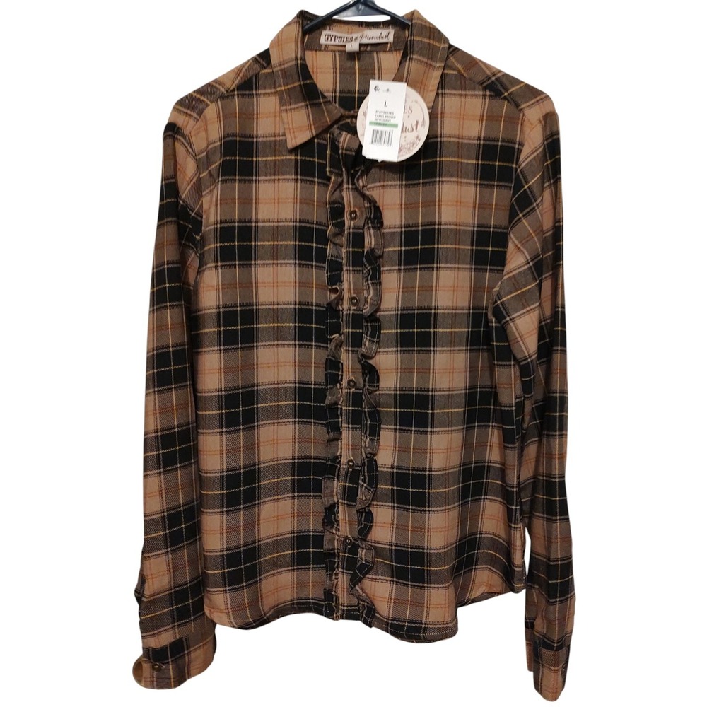 Gypsies and Moondust Plaid Shirt Button Up Ruffle Womens Size Large New With Tag